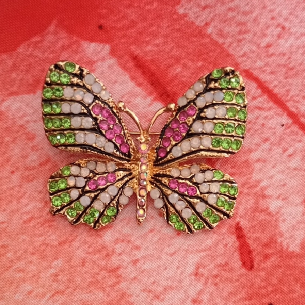 Vibrant Butterfly Brooch with Green and Pink Crystals
